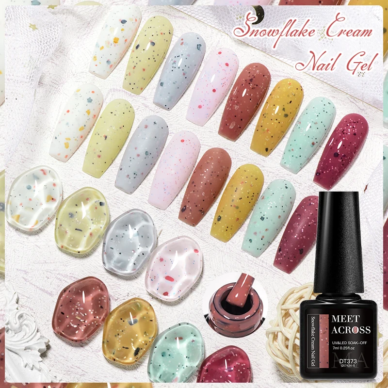 MEET ACROSS 7ml Light Blue Snowfalke Cream Gel Nail Polish Glitter Sequins Nail Art Varnish Nail Supplies Semi Permanant UV Gel