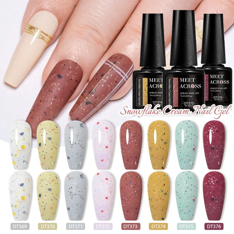MEET ACROSS 7ml Light Blue Snowfalke Cream Gel Nail Polish Glitter Sequins Nail Art Varnish Nail Supplies Semi Permanant UV Gel