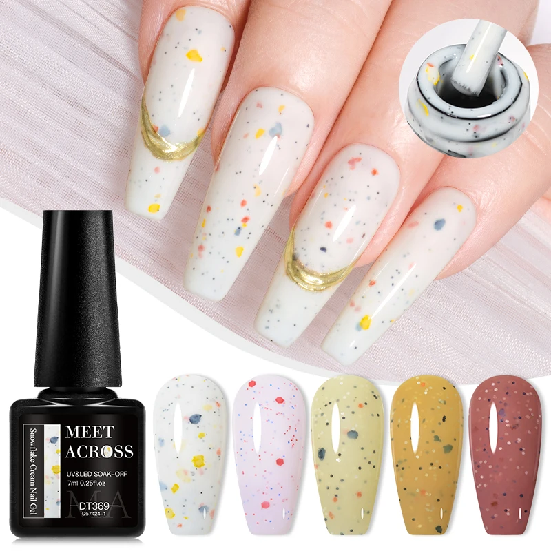 MEET ACROSS 7ml Light Blue Snowfalke Cream Gel Nail Polish Glitter Sequins Nail Art Varnish Nail Supplies Semi Permanant UV Gel