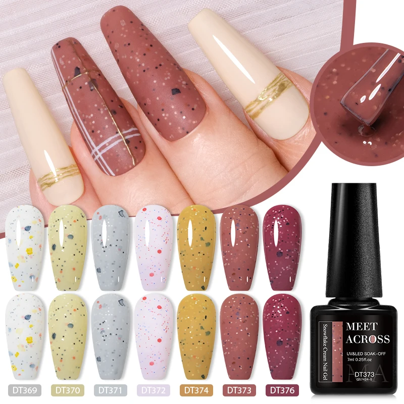 MEET ACROSS 7ml Light Blue Snowfalke Cream Gel Nail Polish Glitter Sequins Nail Art Varnish Nail Supplies Semi Permanant UV Gel