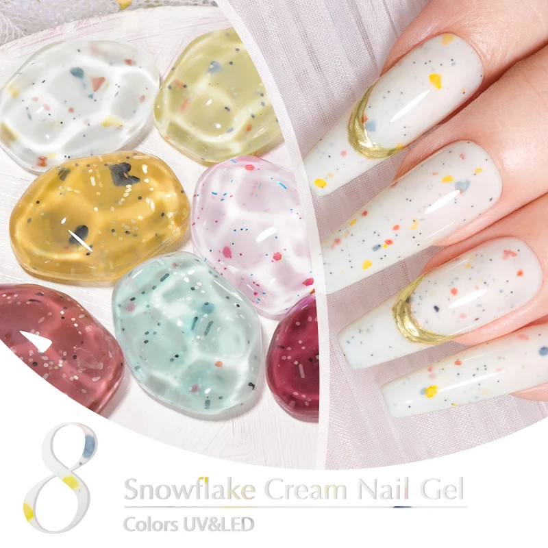 MEET ACROSS 7ml Light Blue Snowfalke Cream Gel Nail Polish Glitter Sequins Nail Art Varnish Nail Supplies Semi Permanant UV Gel