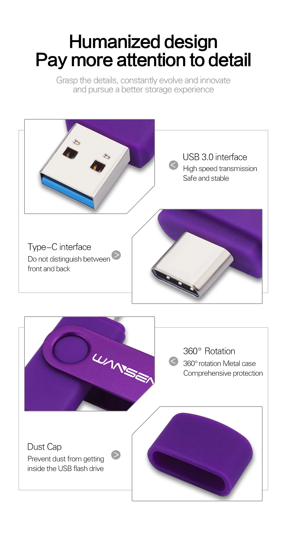 WANSENDA TYPE C USB 3.0 Flash Drive Metal Pen Drive 512GB 256GB 128GB 64GB 32GB 16GB Memory Stick 2 IN 1 High Speed Pendrives