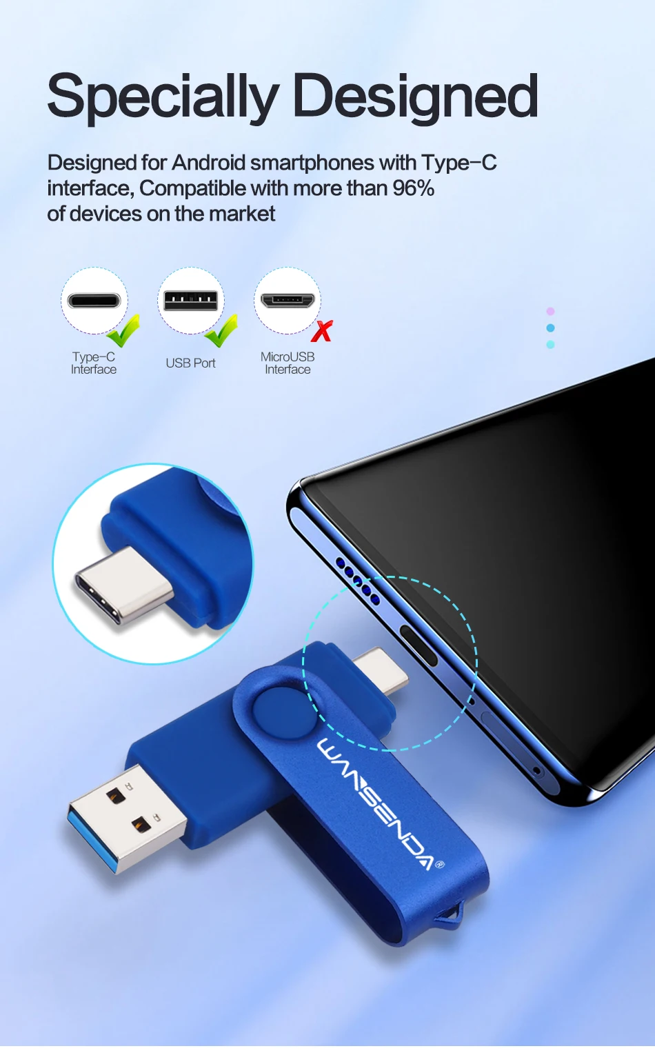 WANSENDA TYPE C USB 3.0 Flash Drive Metal Pen Drive 512GB 256GB 128GB 64GB 32GB 16GB Memory Stick 2 IN 1 High Speed Pendrives