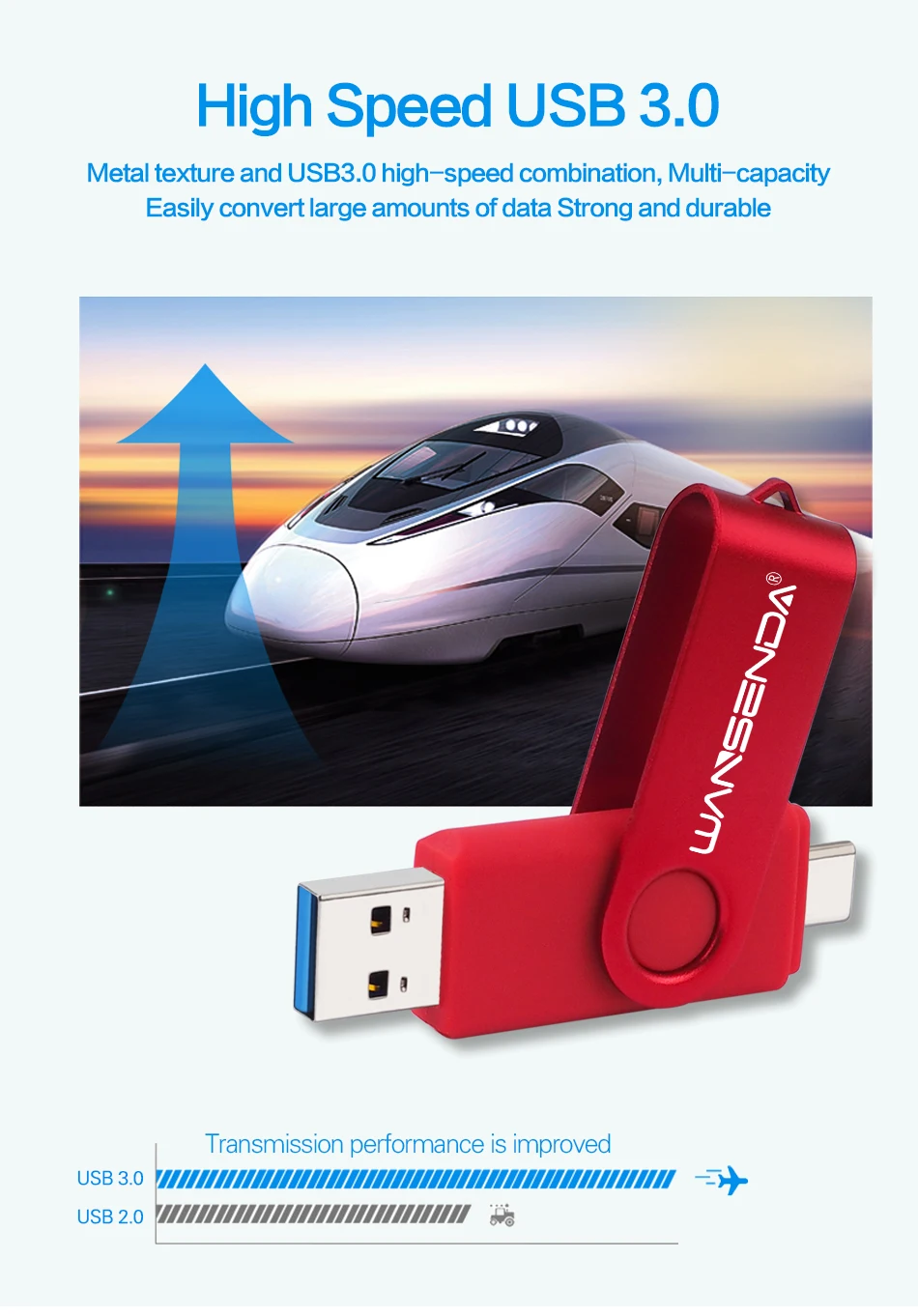 WANSENDA TYPE C USB 3.0 Flash Drive Metal Pen Drive 512GB 256GB 128GB 64GB 32GB 16GB Memory Stick 2 IN 1 High Speed Pendrives