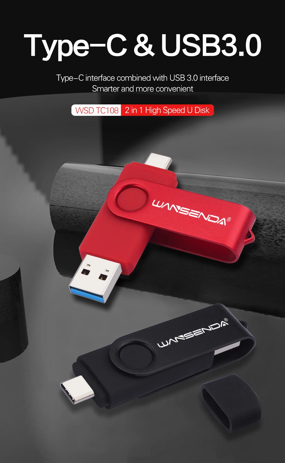 WANSENDA TYPE C USB 3.0 Flash Drive Metal Pen Drive 512GB 256GB 128GB 64GB 32GB 16GB Memory Stick 2 IN 1 High Speed Pendrives