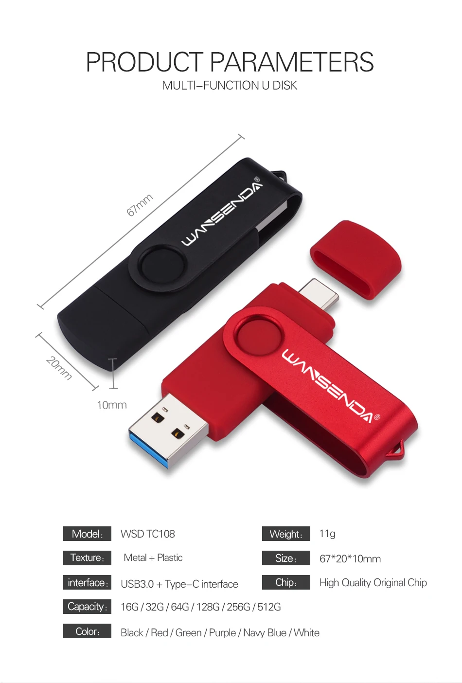 WANSENDA TYPE C USB 3.0 Flash Drive Metal Pen Drive 512GB 256GB 128GB 64GB 32GB 16GB Memory Stick 2 IN 1 High Speed Pendrives