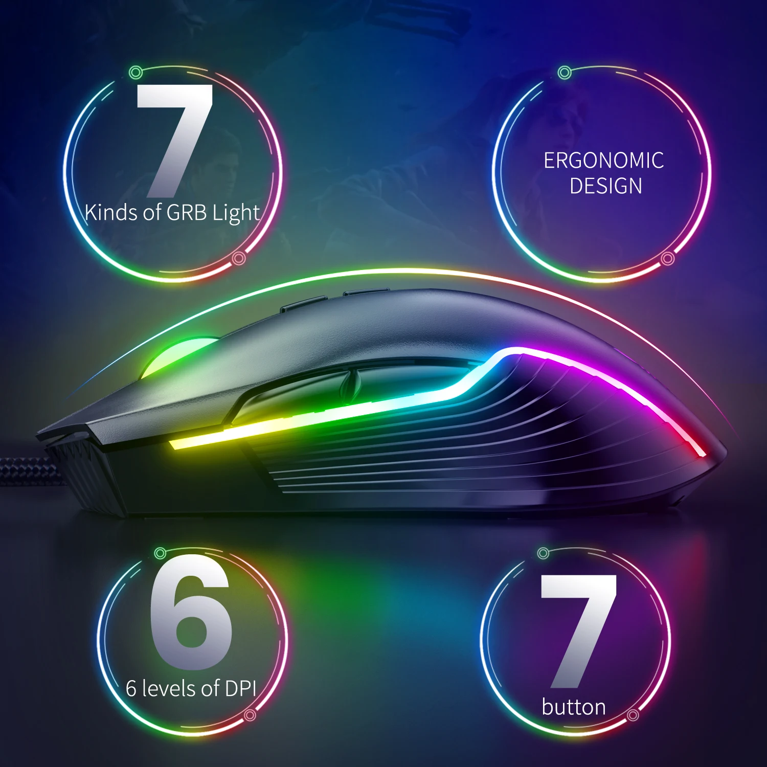 Alternative view of ONIKUMA Wired Gaming Mouse 6 Levels Adjustable 6400 DPI 7 Programmable Buttons 7 RGB Lighting Modes Ergonomic Mice for PC Gamer