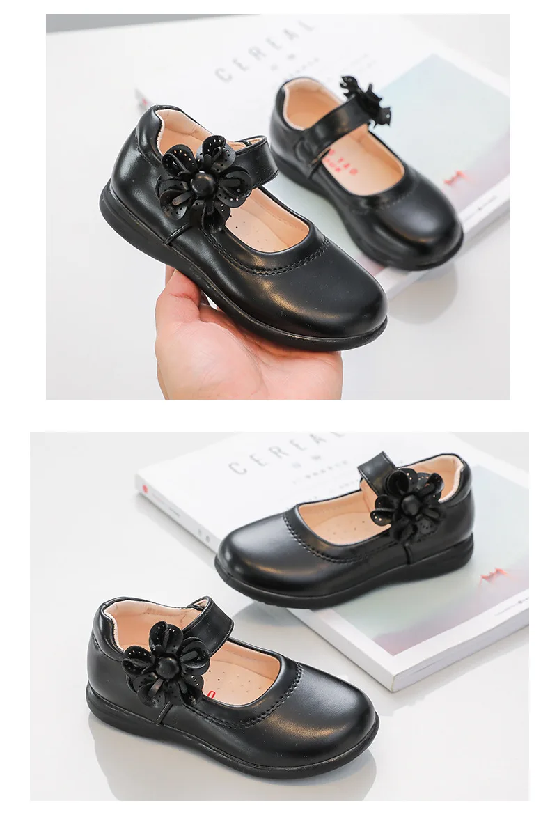 Girls Black Leather Shoes for School Party Flowers Floral Flats for Medium Big Kids Children's Princess Sweet Mary Janes Fashion