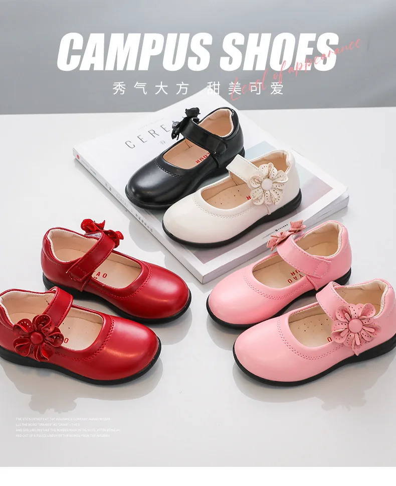 Girls Black Leather Shoes for School Party Flowers Floral Flats for Medium Big Kids Children's Princess Sweet Mary Janes Fashion