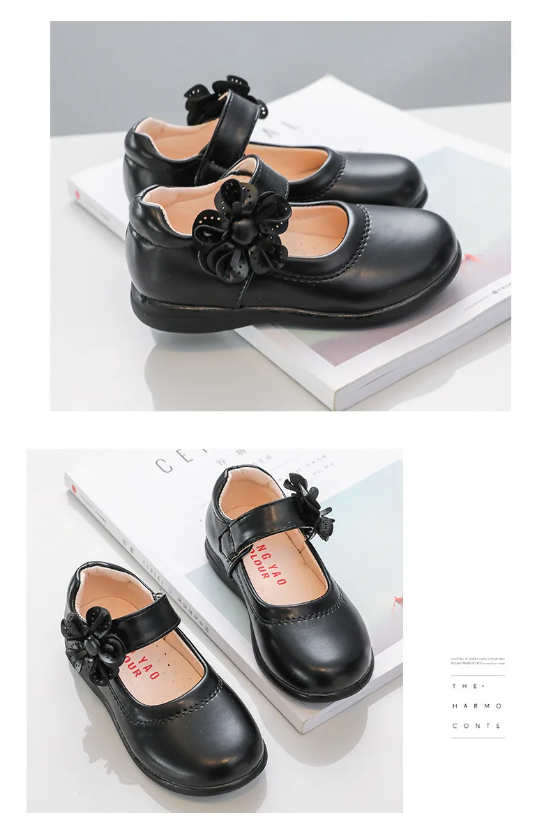 Girls Black Leather Shoes for School Party Flowers Floral Flats for Medium Big Kids Children's Princess Sweet Mary Janes Fashion