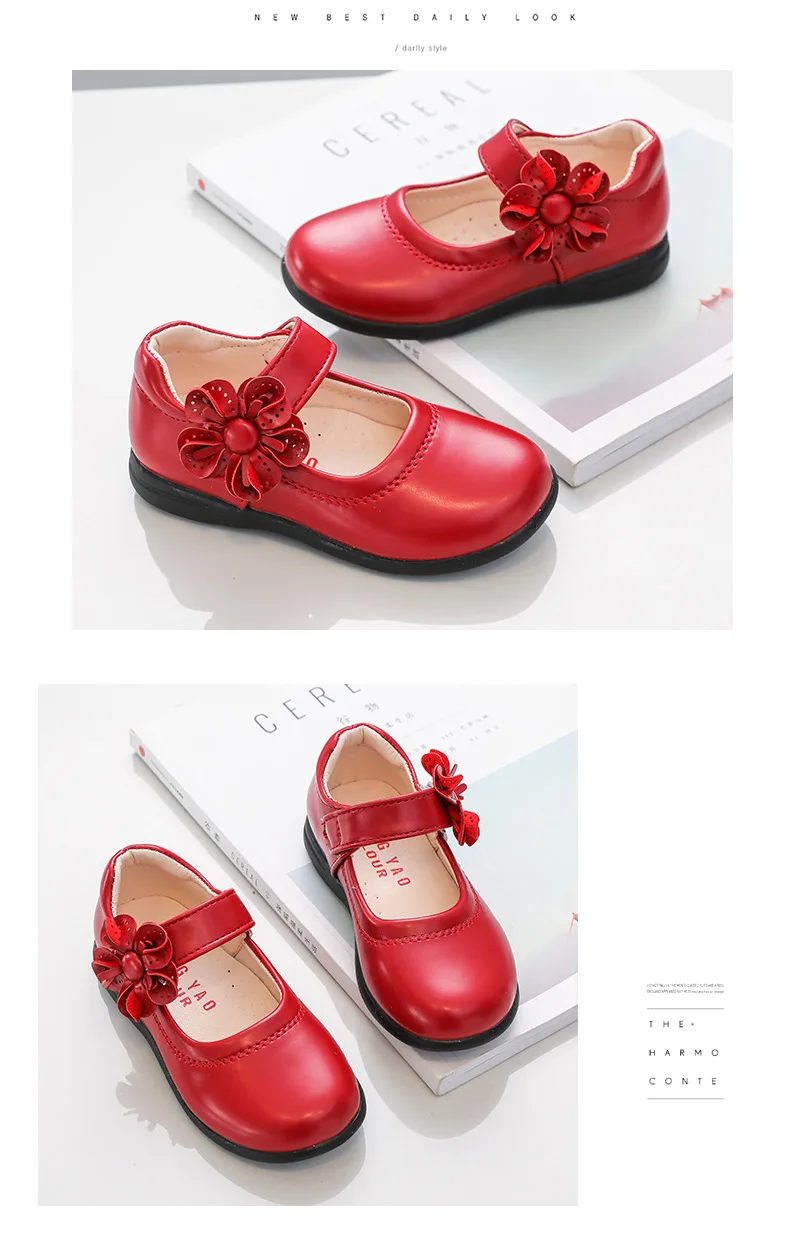 Girls Black Leather Shoes for School Party Flowers Floral Flats for Medium Big Kids Children's Princess Sweet Mary Janes Fashion