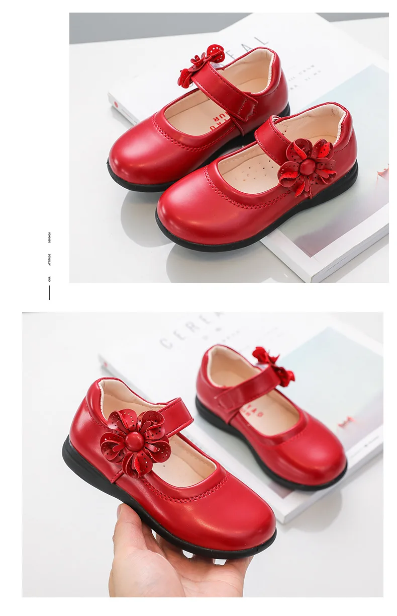 Girls Black Leather Shoes for School Party Flowers Floral Flats for Medium Big Kids Children's Princess Sweet Mary Janes Fashion