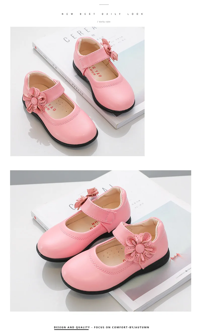 Girls Black Leather Shoes for School Party Flowers Floral Flats for Medium Big Kids Children's Princess Sweet Mary Janes Fashion