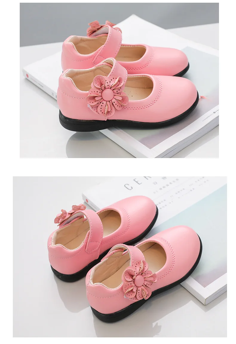 Girls Black Leather Shoes for School Party Flowers Floral Flats for Medium Big Kids Children's Princess Sweet Mary Janes Fashion