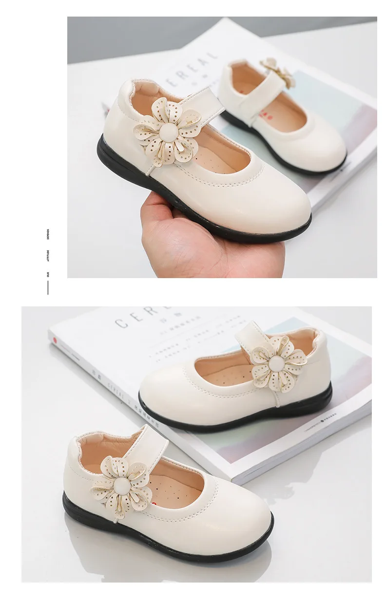 Girls Black Leather Shoes for School Party Flowers Floral Flats for Medium Big Kids Children's Princess Sweet Mary Janes Fashion
