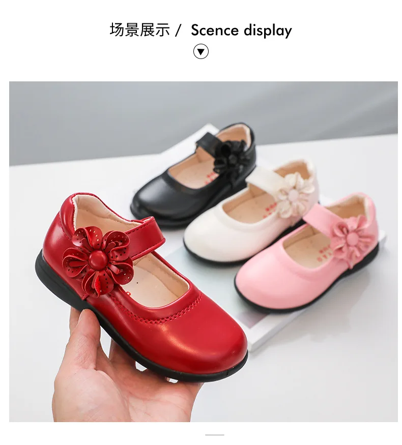 Girls Black Leather Shoes for School Party Flowers Floral Flats for Medium Big Kids Children's Princess Sweet Mary Janes Fashion