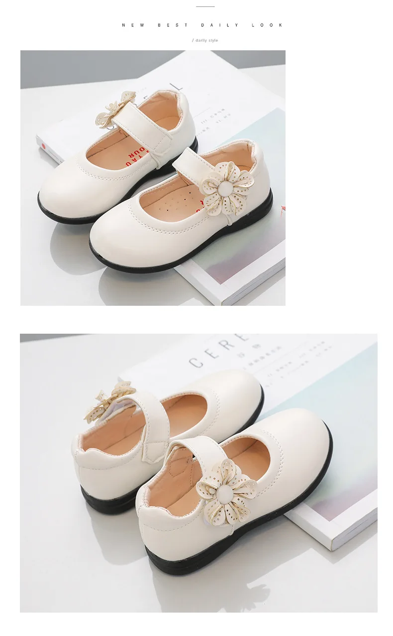 Girls Black Leather Shoes for School Party Flowers Floral Flats for Medium Big Kids Children's Princess Sweet Mary Janes Fashion