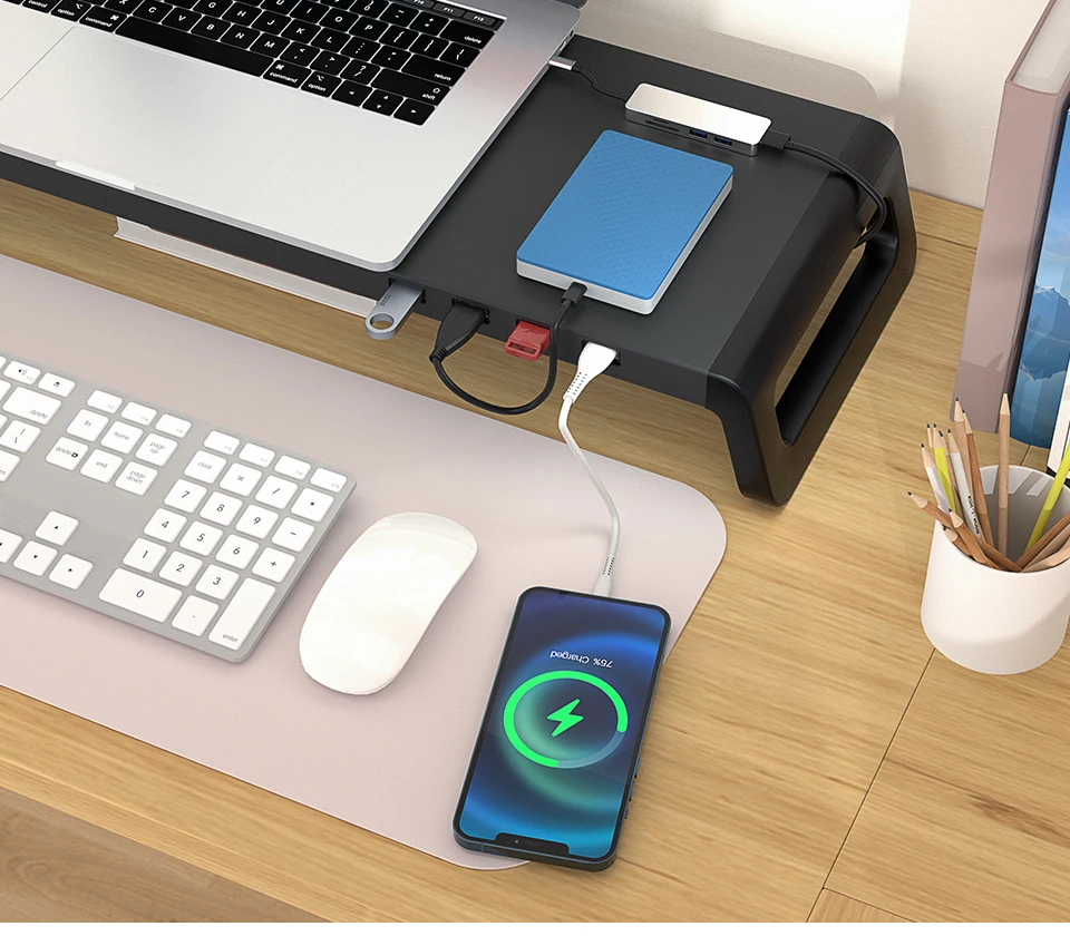 Monitor Desk Stand for Reduced Neck Strain ABS Legs Aluminium Monitor Riser with USB3.0 Hub PC Computer Laptop Desktop Organizer