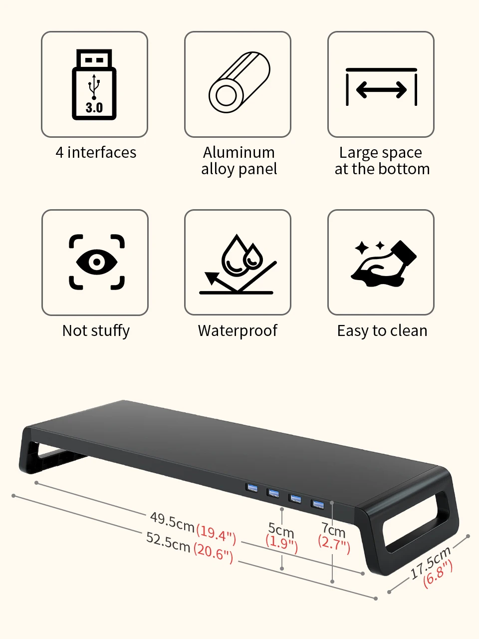 Monitor Desk Stand for Reduced Neck Strain ABS Legs Aluminium Monitor Riser with USB3.0 Hub PC Computer Laptop Desktop Organizer