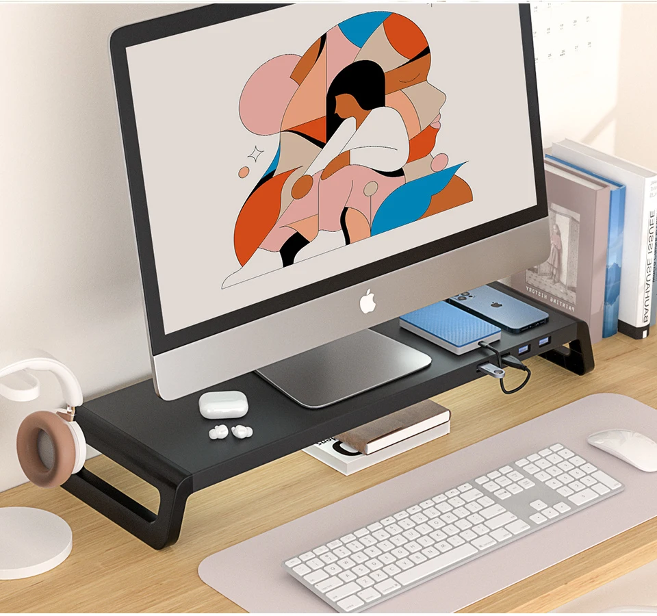 Monitor Desk Stand for Reduced Neck Strain ABS Legs Aluminium Monitor Riser with USB3.0 Hub PC Computer Laptop Desktop Organizer