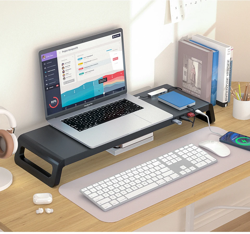 Monitor Desk Stand for Reduced Neck Strain ABS Legs Aluminium Monitor Riser with USB3.0 Hub PC Computer Laptop Desktop Organizer