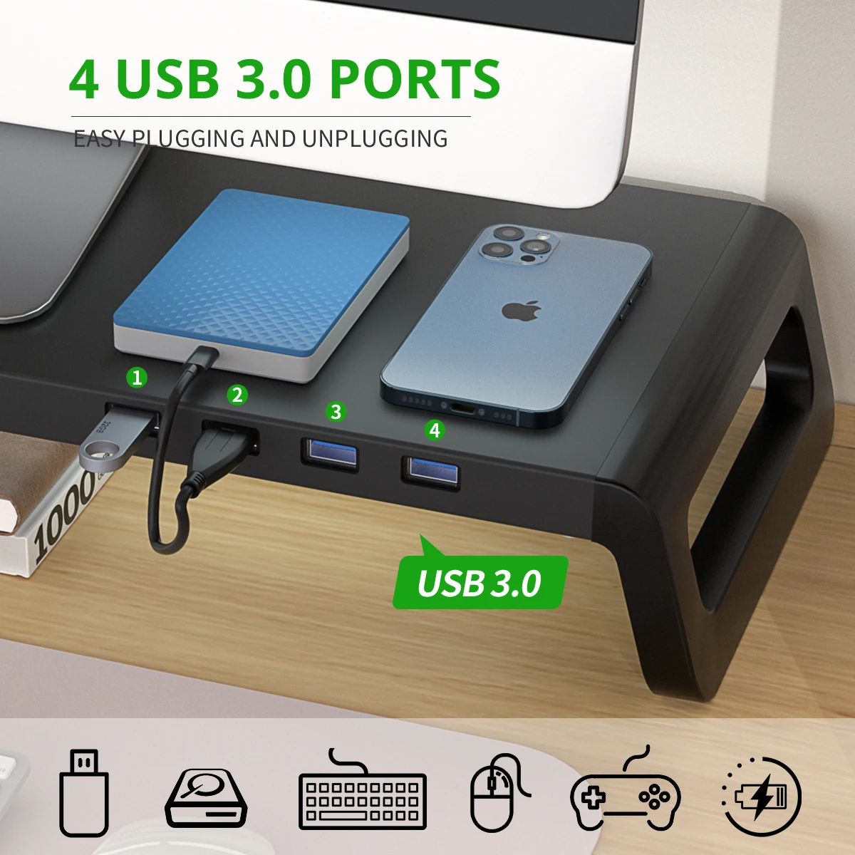 Alternative view of Monitor Desk Stand for Reduced Neck Strain ABS Legs Aluminium Monitor Riser with USB3.0 Hub PC Computer Laptop Desktop Organizer
