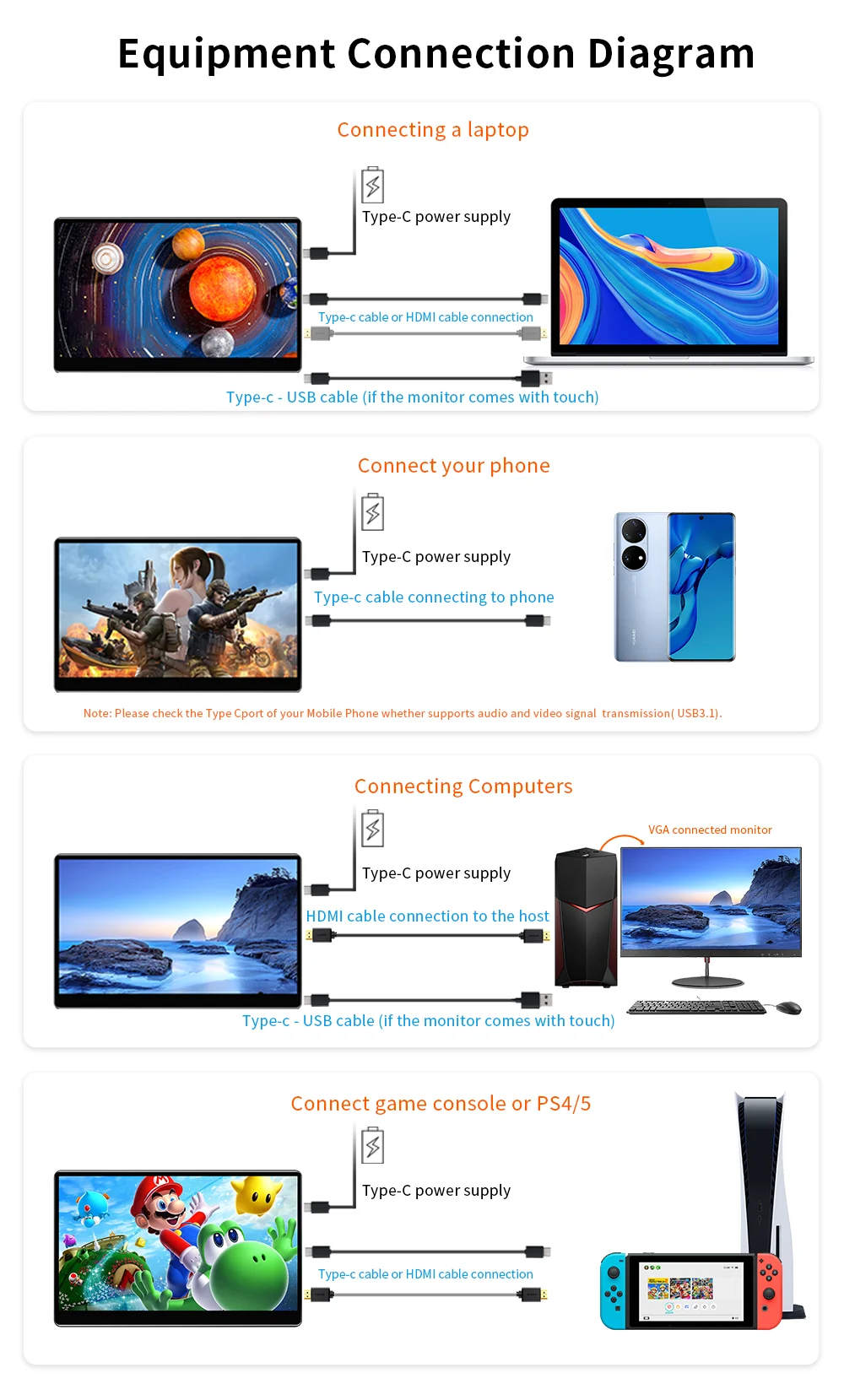 15.6 inch Touch Portable Monitor FHD 1920x1080 Second Screen Display HDMI USB Type C for PS 4/5 Xbox Switch PC Laptop with Stand