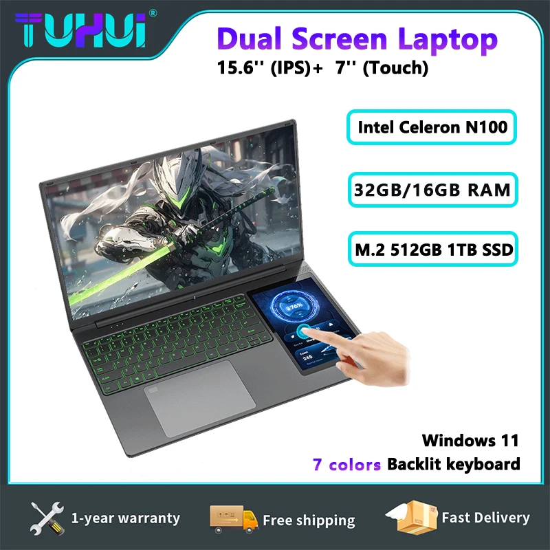 TUHUI Dual Screen Laptop 15.6 Inch IPS 7 Inch Touch Screen Gaming Laptops Intel N100 16G/32G DDR4 1TB SSD Win11 Notebook