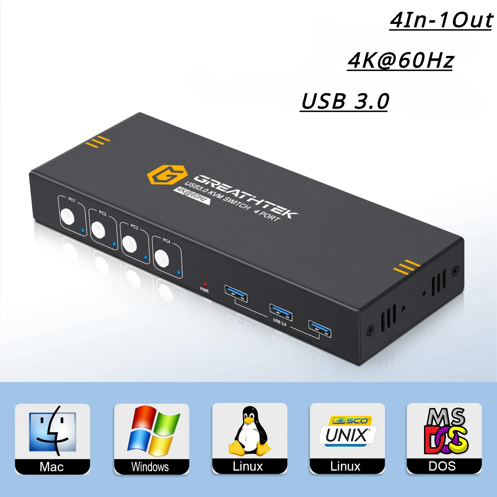 Alternative view of USB3.0 KVM Switch HDMI 4K@60Hz for 4 Computers Share 1 Monitor Share Keyboard Mouse  Support Button Switch Plug and Play