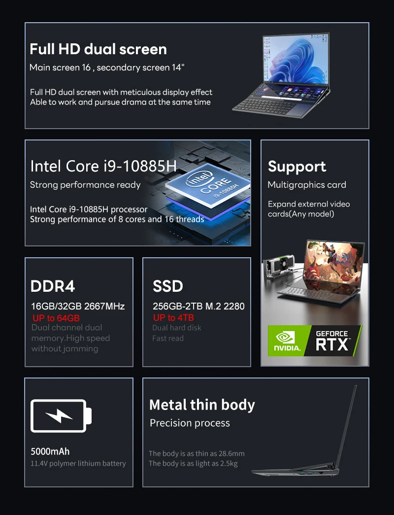 BYONE Dual Screen Gaming Laptop Computer 32GB/16GB DDR4 RAM 1TB/2TB SSD Intel Core I9 10th Gen Windows 11 Notebook Touch Laptop BYONE Dual Screen Gaming Laptop Computer 32GB/16GB DDR4 RAM 1TB/2TB SSD Intel Core I9 10th Gen Windows 11 Notebook Touch Laptop