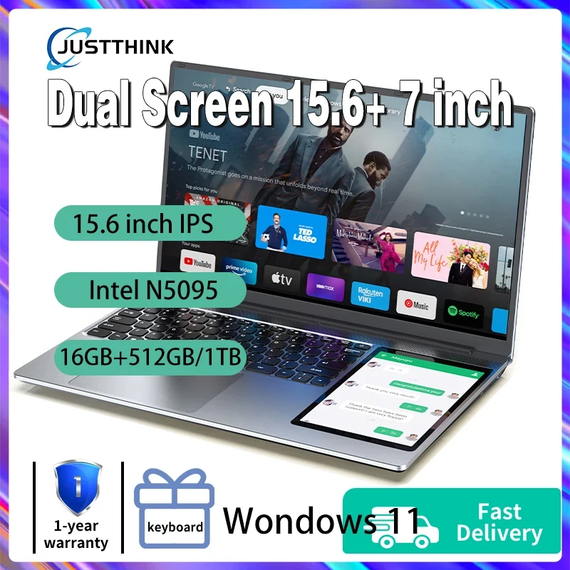 Dual Screen Gaming Laptops 15 .6" IPS + 7'' Touch Windows 11 Intel Celeron N100 16GB RAM 512GB SSD Notebook Computer Free ship