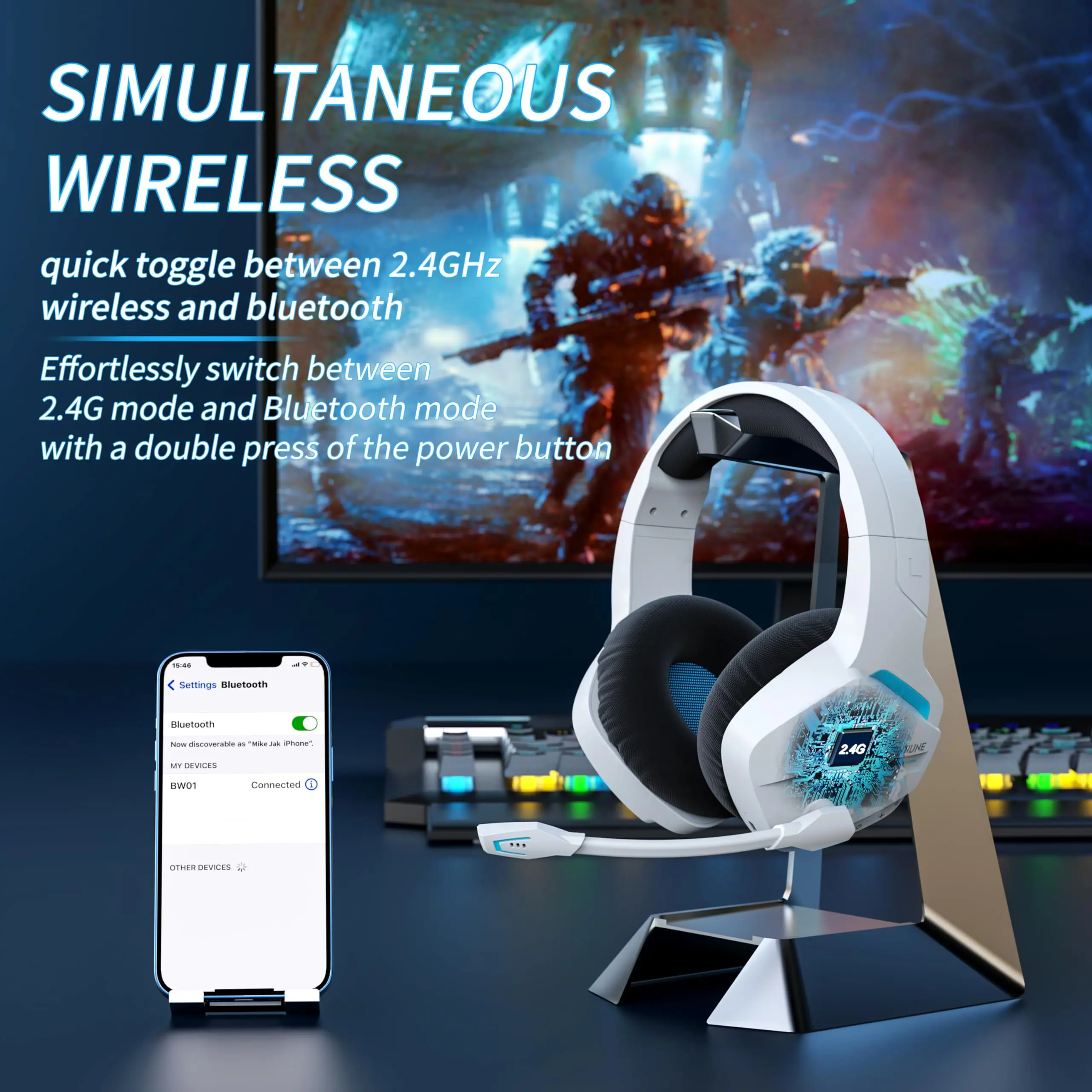 Alternative view of BINNUNE BW01 Wireless Gaming Headset  for PC PS4 PS5 Playstation 4 5, 2.4G Wireless Bluetooth USB Gamer Headphones with Mic