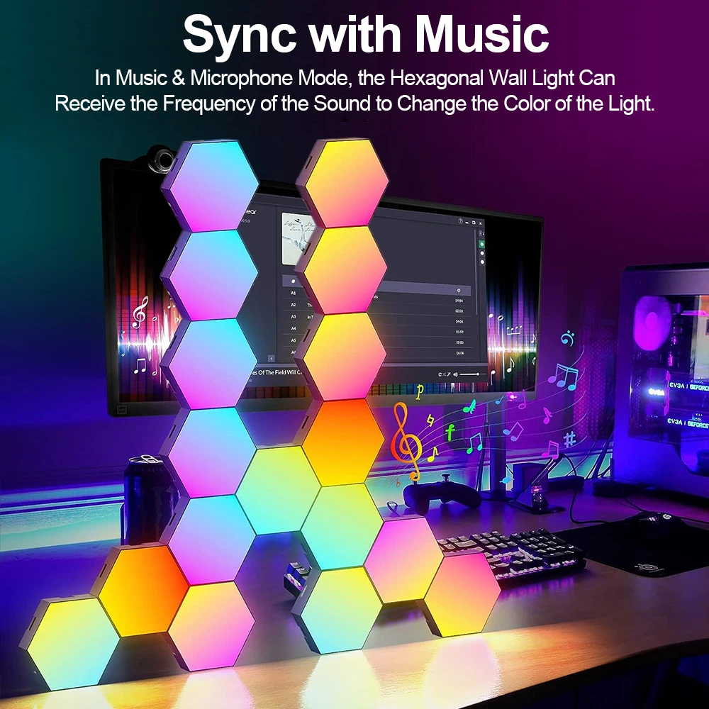 Alternative view of 20/12/8/3 Pack Hexagon Lights Wall RGB Panel Smart APP Hexagonal Modular Gaming Lights Night  Music Sync Honeycomb Light Bedroom
