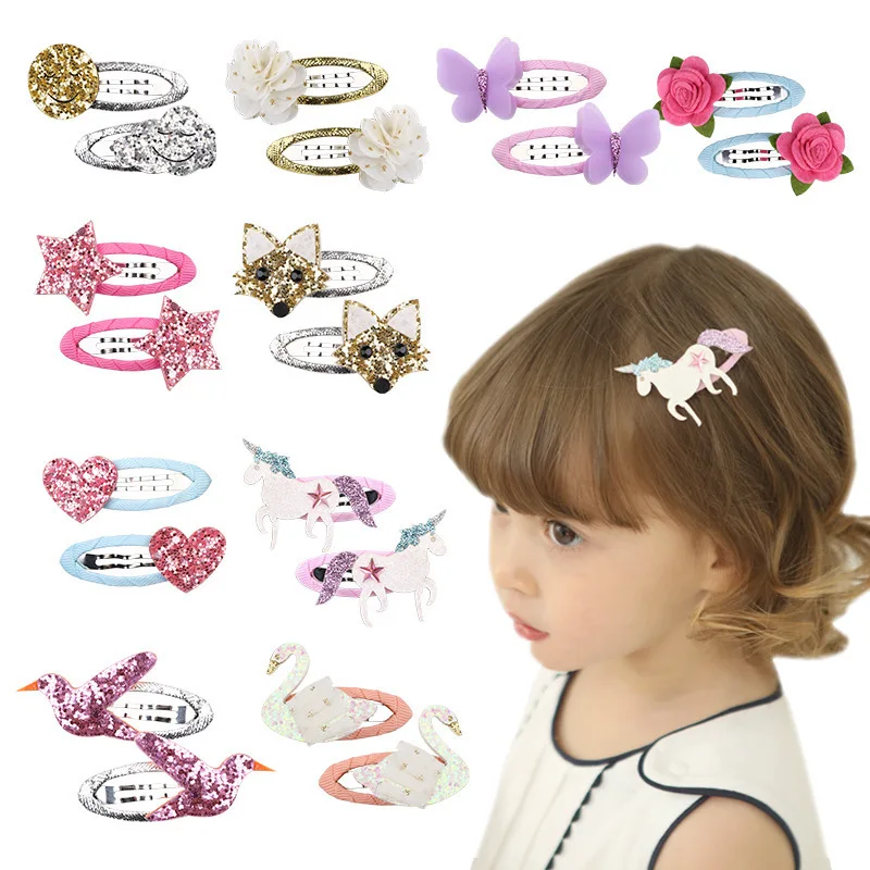 2 Pcs/lot Hair Tie Unicorn Children Newborn Kids Headwear Baby Girl Accessories Hairpin Clip Flower Bird Fox Butterfly Cute Gift