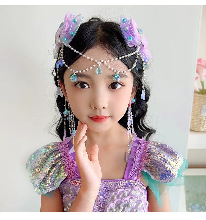 Mermaid Headdress for Children Super Fairy Princess Bow Forehead Chain for Girls Fringe Mermaid Mahji Hair Accessories