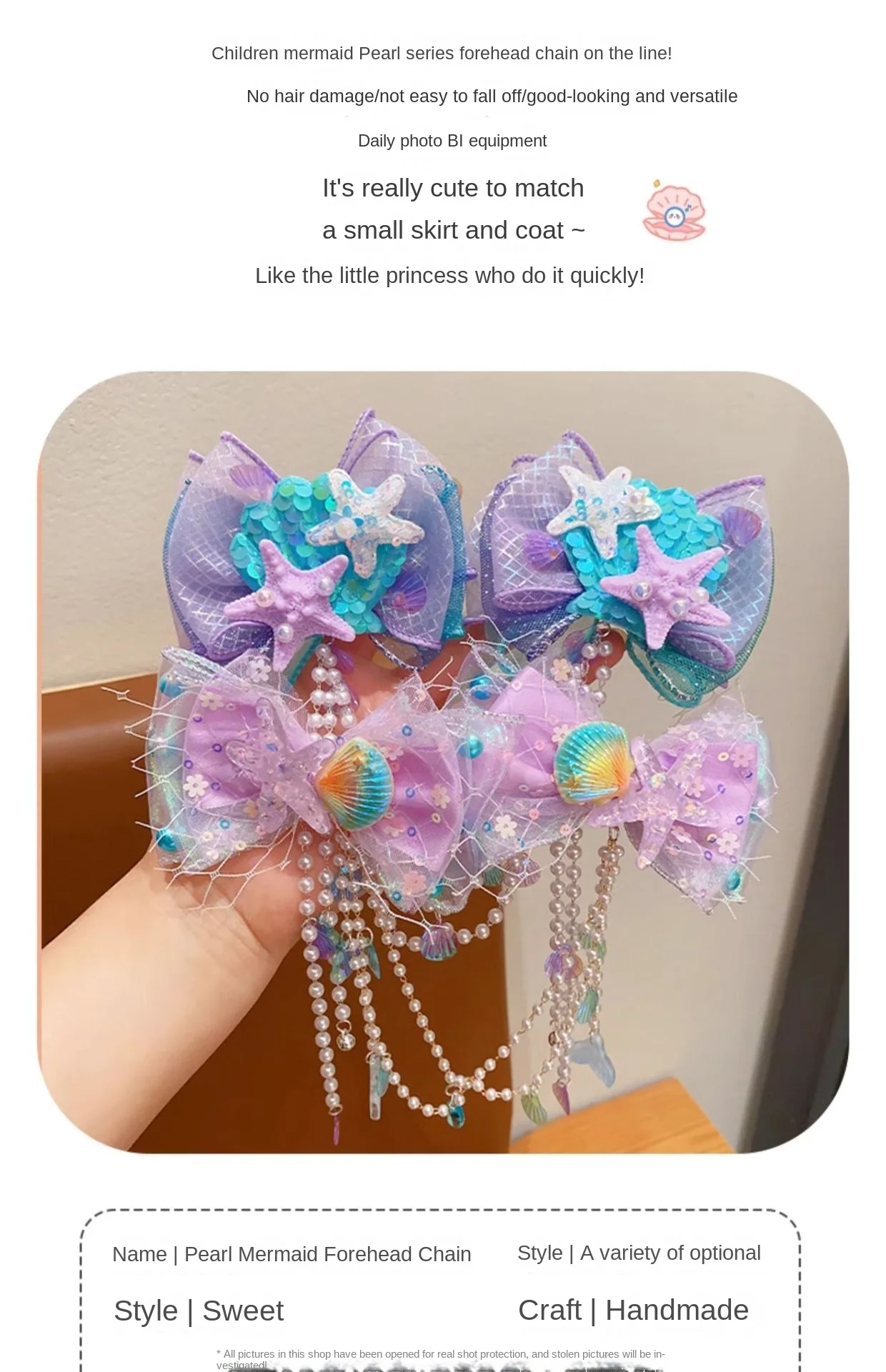 Mermaid Headdress for Children Super Fairy Princess Bow Forehead Chain for Girls Fringe Mermaid Mahji Hair Accessories
