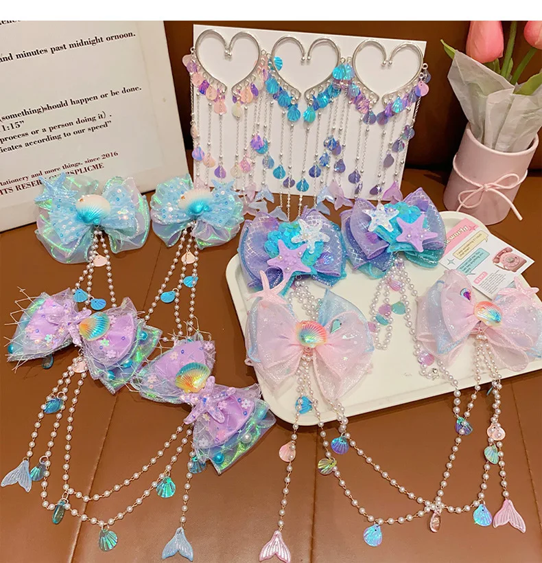Mermaid Headdress for Children Super Fairy Princess Bow Forehead Chain for Girls Fringe Mermaid Mahji Hair Accessories