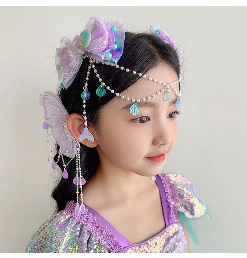 Mermaid Headdress for Children Super Fairy Princess Bow Forehead Chain for Girls Fringe Mermaid Mahji Hair Accessories