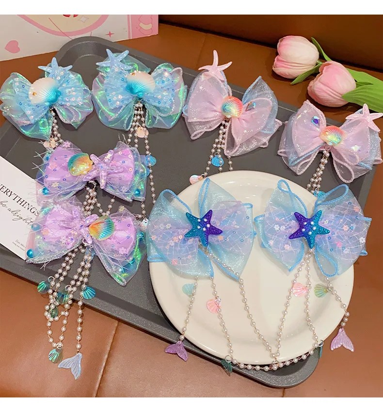 Mermaid Headdress for Children Super Fairy Princess Bow Forehead Chain for Girls Fringe Mermaid Mahji Hair Accessories