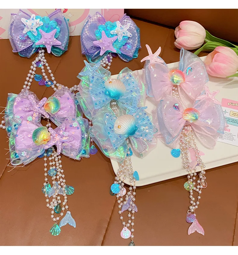 Mermaid Headdress for Children Super Fairy Princess Bow Forehead Chain for Girls Fringe Mermaid Mahji Hair Accessories