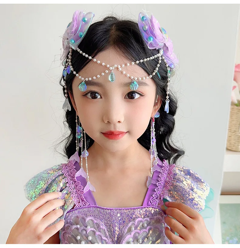 Mermaid Headdress for Children Super Fairy Princess Bow Forehead Chain for Girls Fringe Mermaid Mahji Hair Accessories