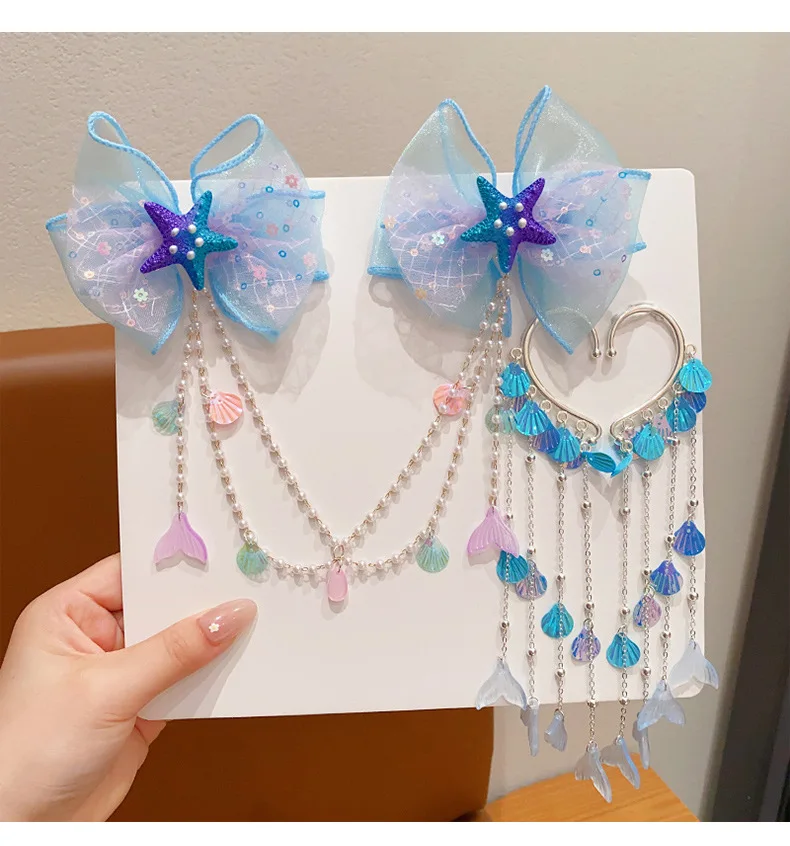 Mermaid Headdress for Children Super Fairy Princess Bow Forehead Chain for Girls Fringe Mermaid Mahji Hair Accessories