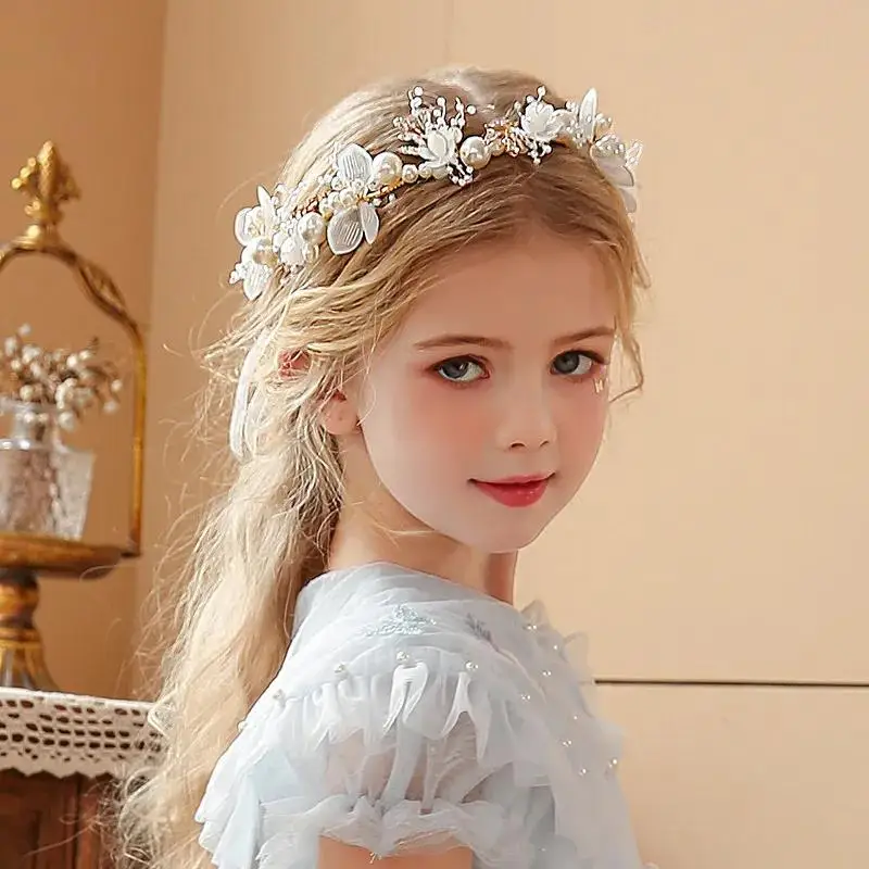 Alternative view of Spring Bohemian Girls Bridal Pearl Hair Headdress Flower Wreath Bride Garland Head Hoop Headbands Hair Jewelry Children Gifts