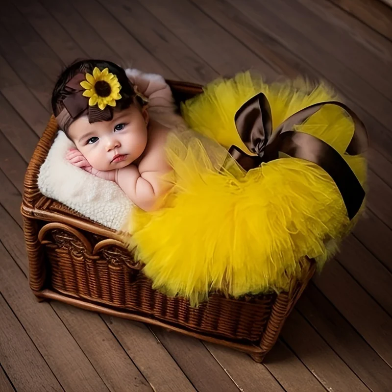 Sunflower Newborn Baby Tutu Bow Skirt and Headdress Set - Adorable Flower Girls Photography Outfit Costume