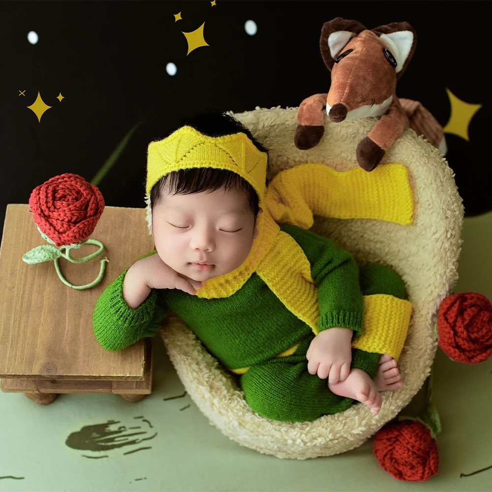 Knitted Newborn Photography Outfits Little Prince Themed Long Sleeve Costume Baby Shooting Props Pillow Star Rose Accessories - Image 6