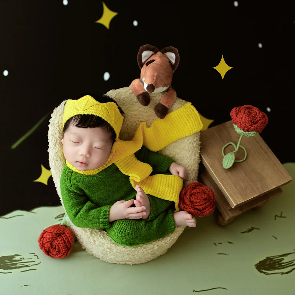 Knitted Newborn Photography Outfits Little Prince Themed Long Sleeve Costume Baby Shooting Props Pillow Star Rose Accessories - Image 5