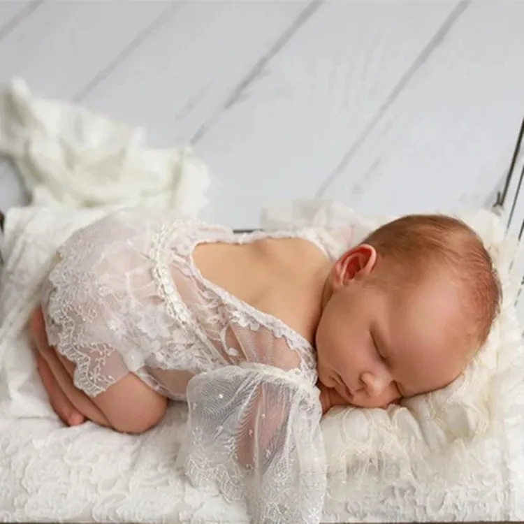 Alternative view of 0-1Month Baby Girl Lace Romper Bodysuits Outfit Newborn Photography Props Pearl Headband Photography Clothing