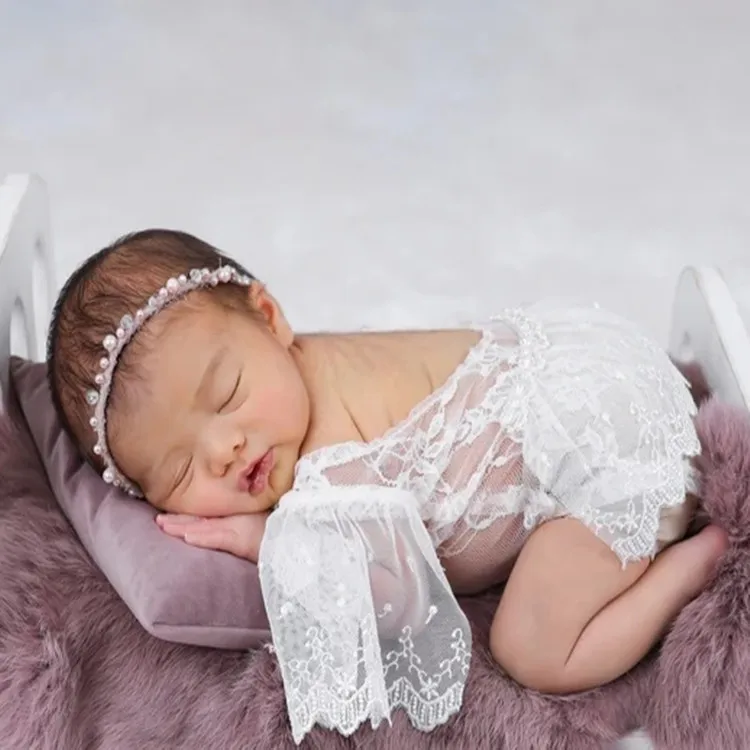 0-1Month Baby Girl Lace Romper Bodysuits Outfit Newborn Photography Props Pearl Headband Photography Clothing