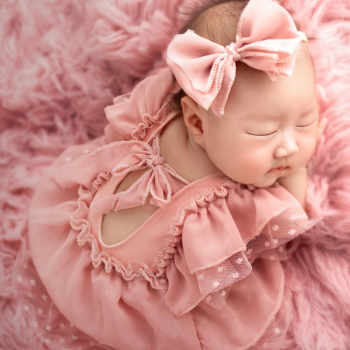 Ylsteed 2 Pieces Set Dusty Pink Chiffon Newborn Romper with Bow Hairband Dot Lace Baby Photography Outfits