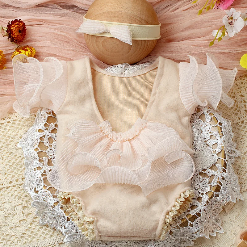 Alternative view of Ylsteed 2 Pieces Set Beige Newborn Photography Costume Lace Romper Bow Headband Set Baby Girl Photo Shooting Outfits